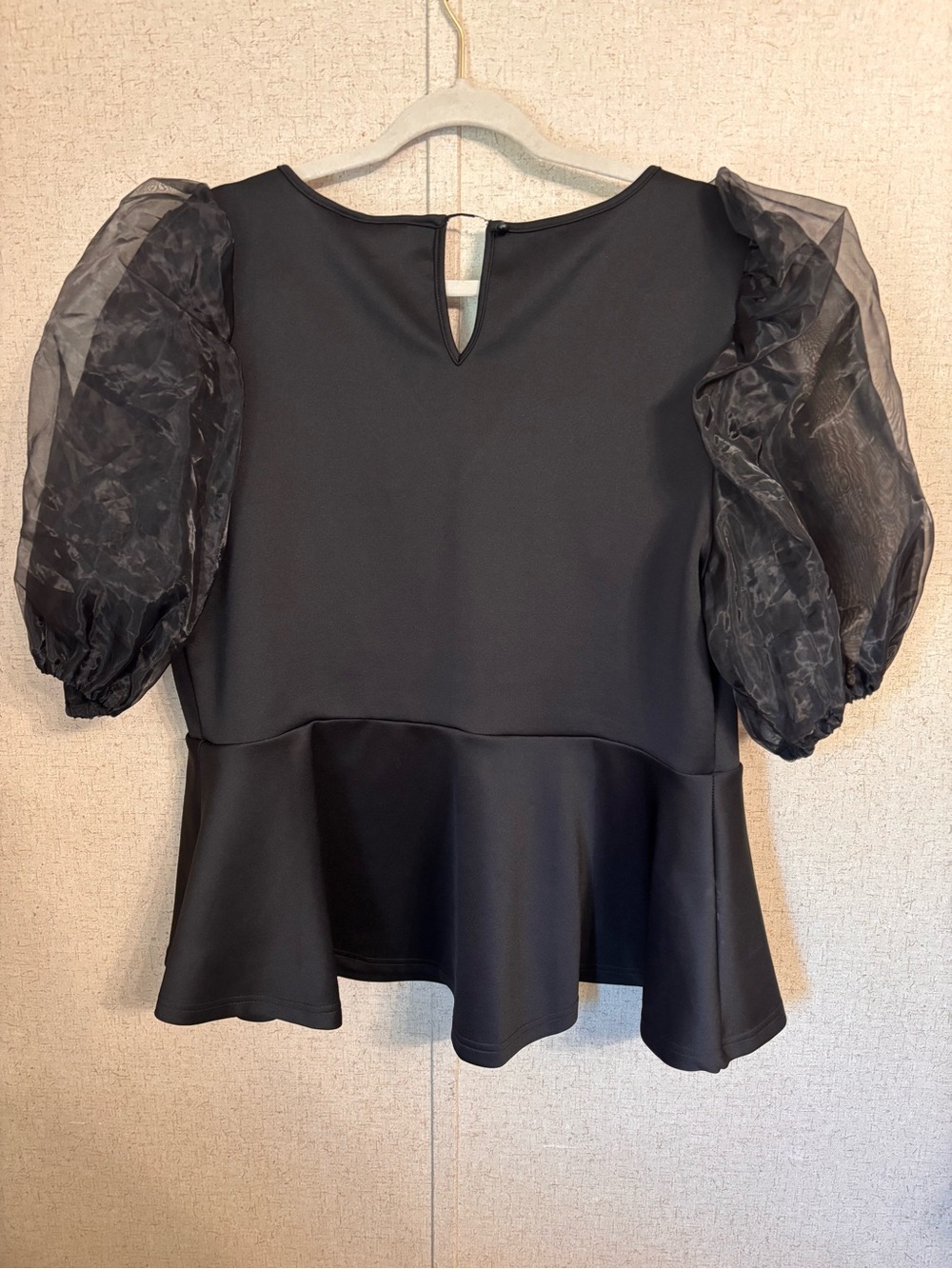 Ashley Stewart Black Peplum Top with Sheer Puff Sleeves 18/20 women’s - Picture 3 of 4